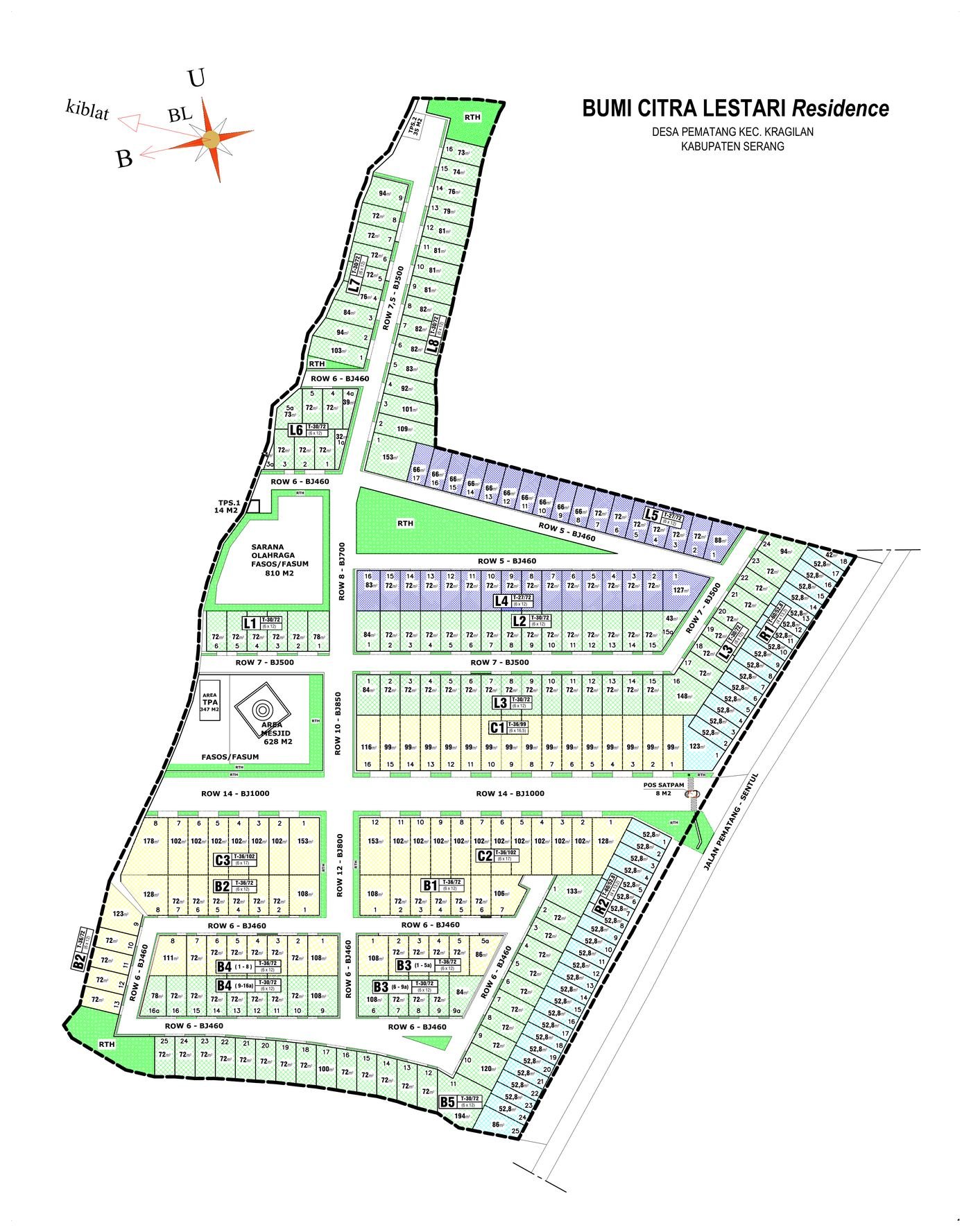 Siteplan Bumi Citra Lestari Residence, Kragilan: blok rumah tipe 27, 30, 36, ruko, jalan, masjid, sarana olahraga, dan pos satpam